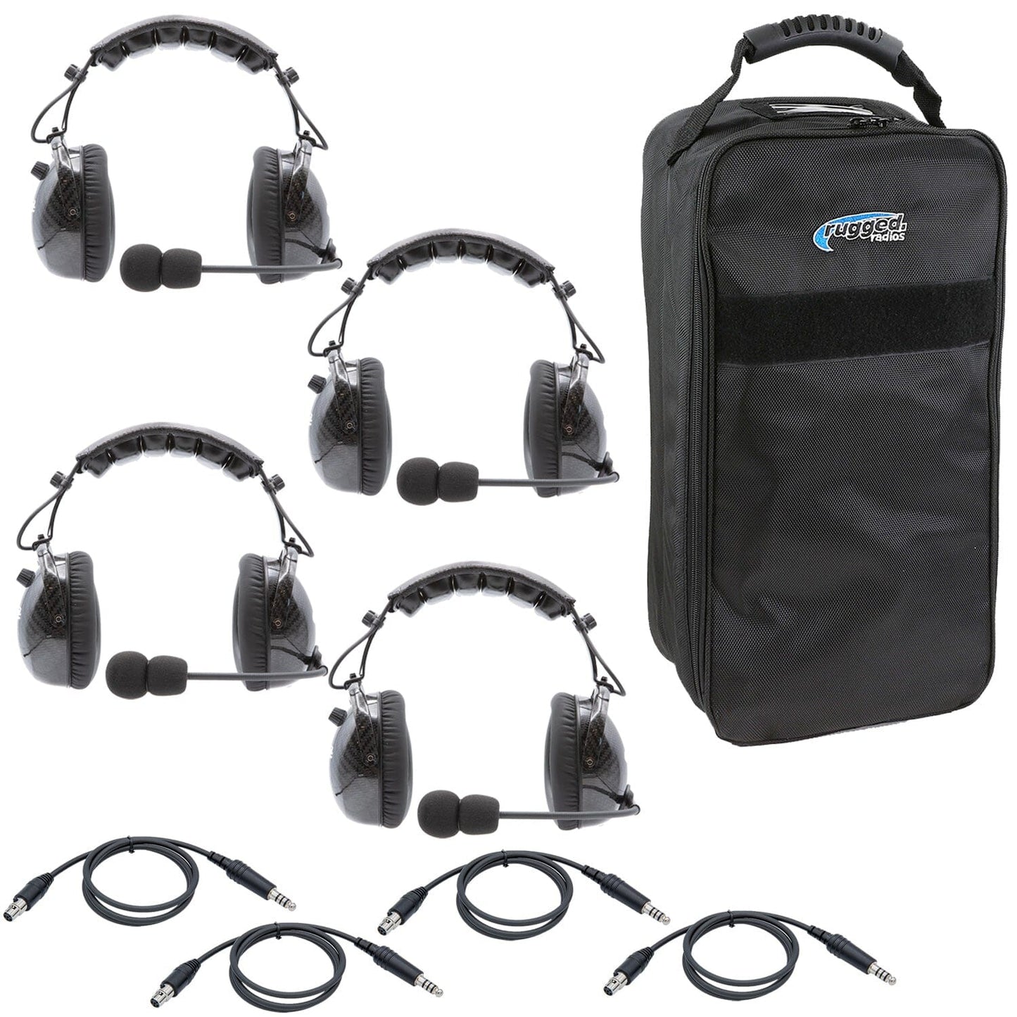 Rugged Radios AlphaBass Intercom Headset with OFFROAD 4C wired Cable - BUNDLE with 4 Headsets and Headset Bag