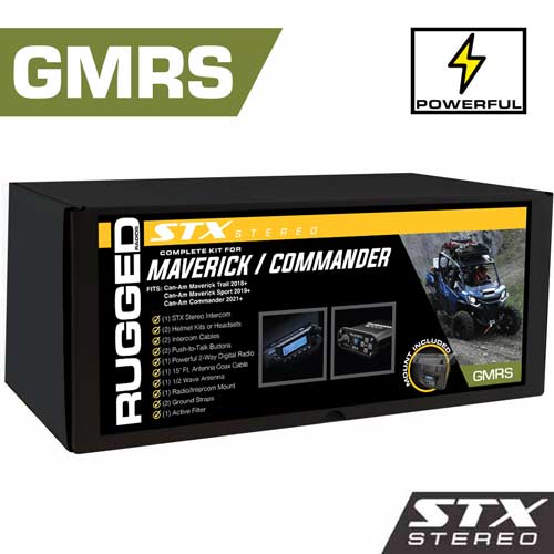 Rugged Radios POWERHOUSE 45-Watt GMRS Radio - Can-Am Maverick Commander STX STEREO Complete UTV Communication Intercom and Radio Kit with Glove Box Mount