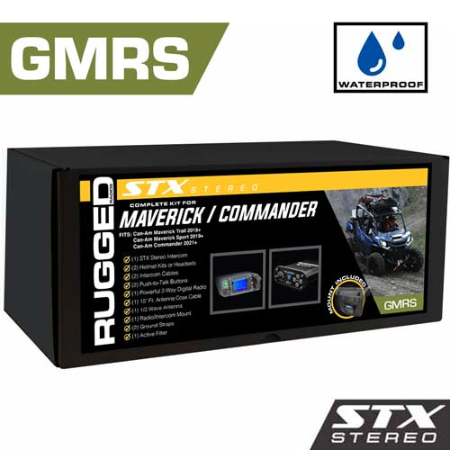 Rugged Radios Waterproof GMRS Radio - Can-Am Maverick Commander STX STEREO Complete UTV Communication Intercom and Radio Kit with Glove Box Mount